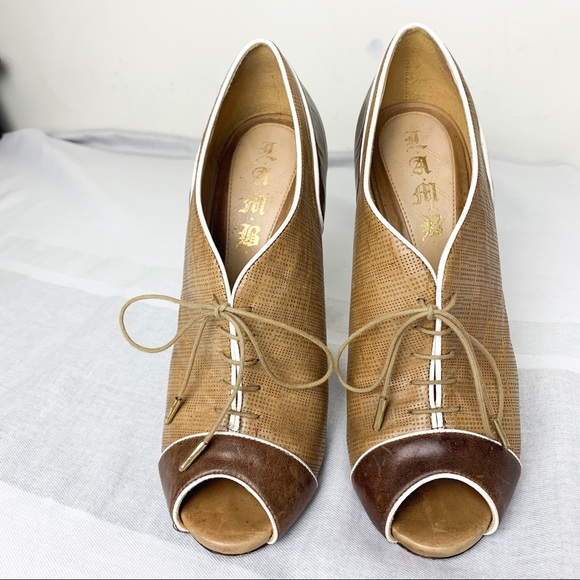 L.A.M.B. Peep Toe Lace Up Stiletto Booties Brown 8 - Picture 9 of 10